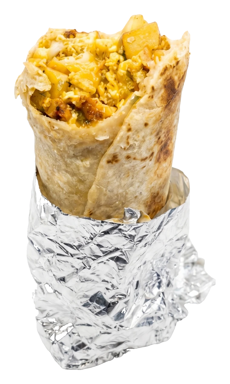 A Rut'n Buck breakfast burrito standing open, showing the eggs, potatoes, cheese, and green chili packed inside