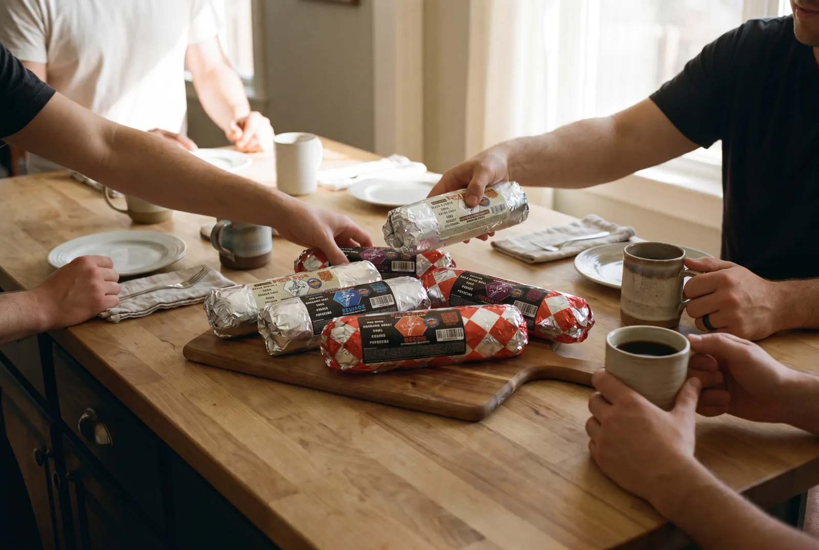 A spread of Rut'n Buck breakfast burritos on a kitchen counter for a family gathering
