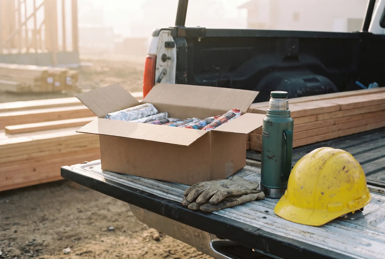 A box of Rut'n Buck breakfast burritos on a truck tailgate at a Montana jobsite