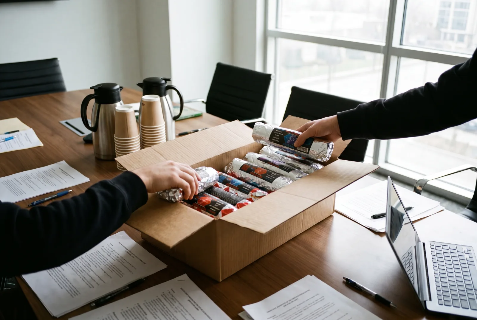 An open box of Rut'n Buck breakfast burritos on an office conference table with coffee, people reaching in