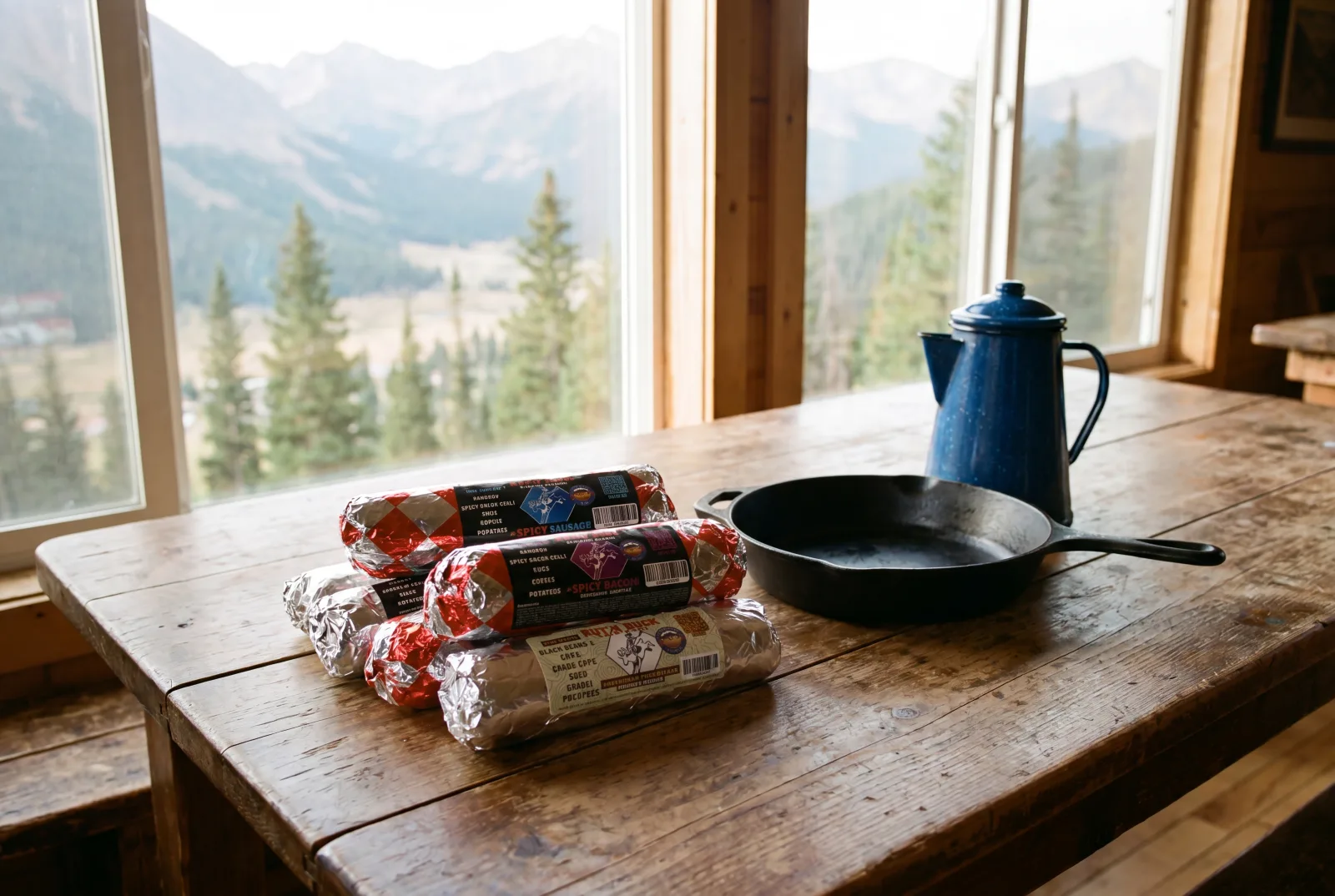 Breakfast burritos laid out for a group at a Montana retreat lodge table