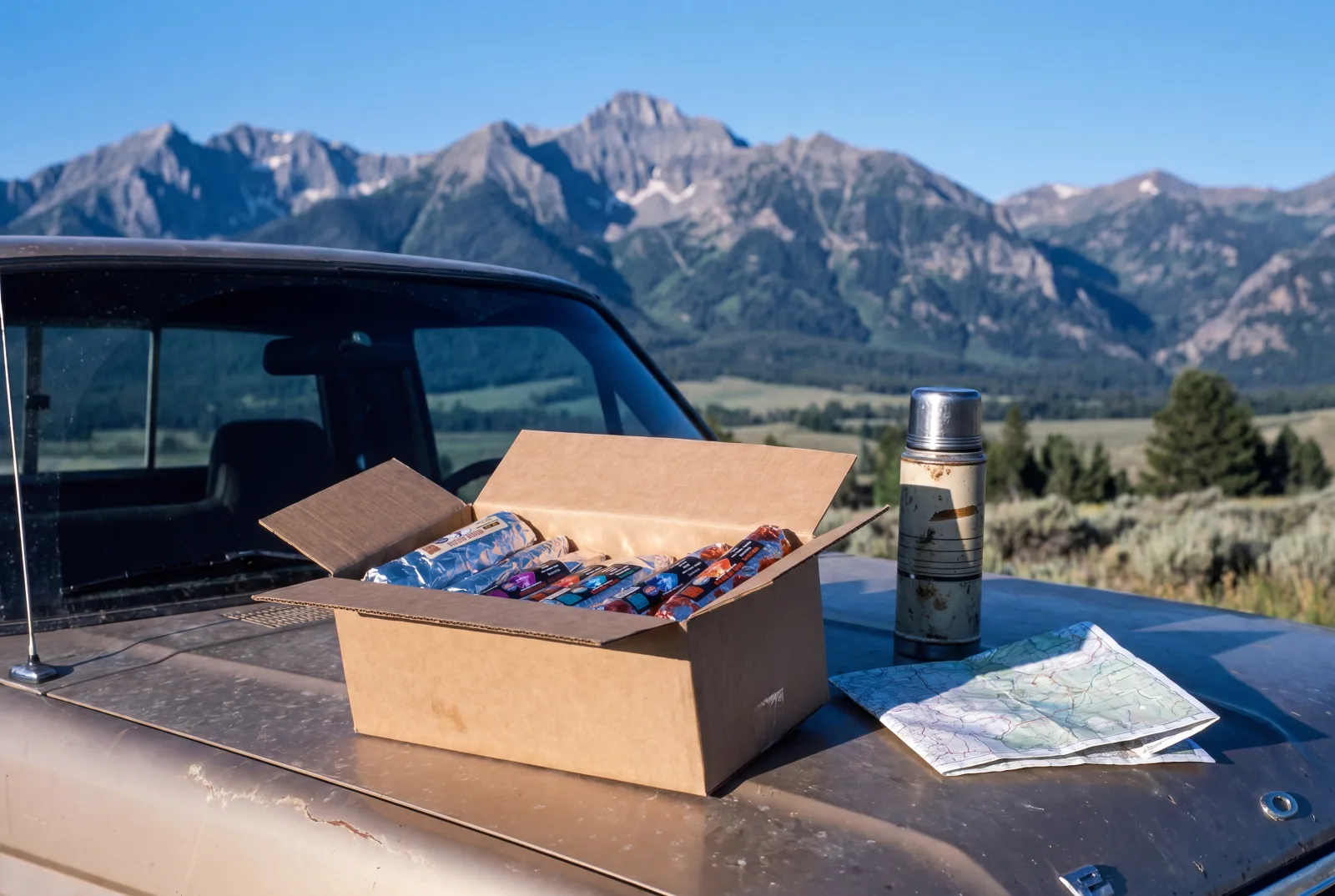 An open box of breakfast burritos on a truck hood at a Montana trailhead