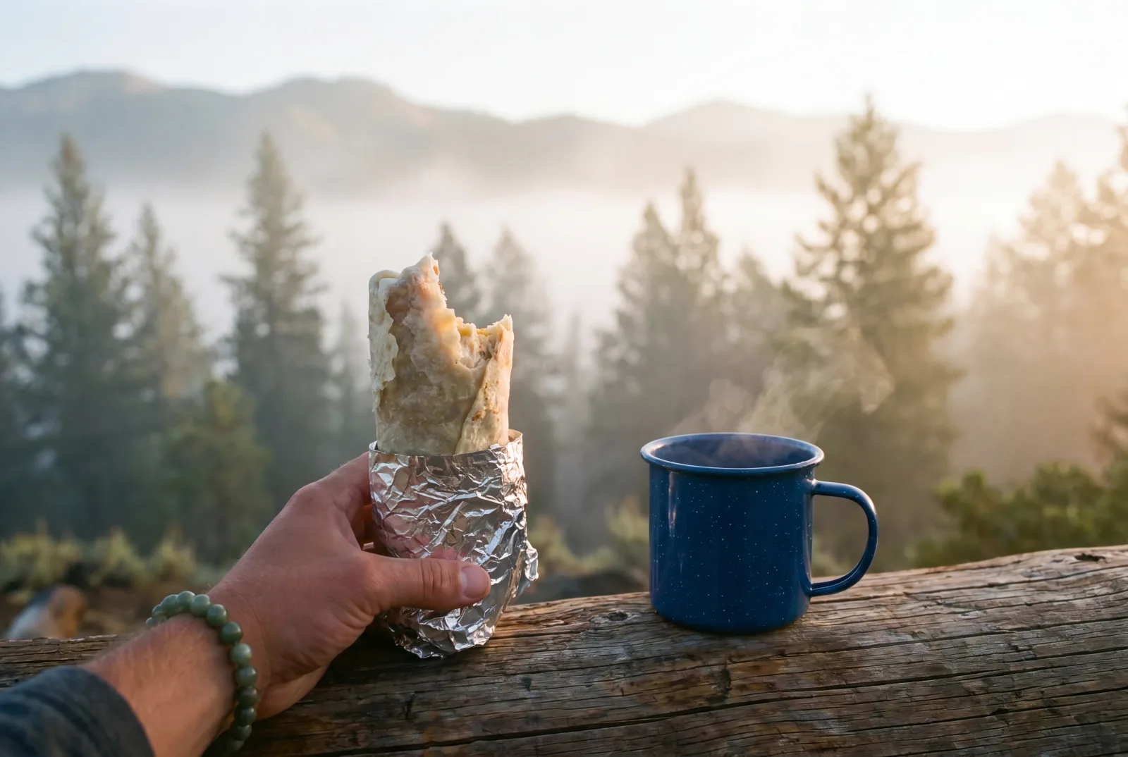 Eating a Rut'n Buck burrito with a camp mug of coffee in hand