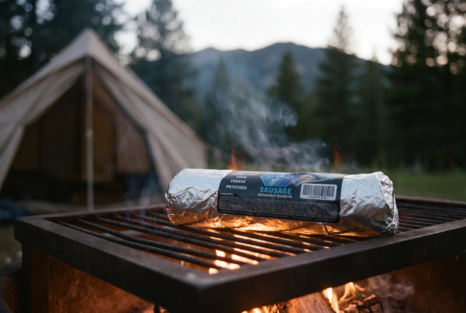 A Rut'n Buck burrito warming on a grate over a Montana campfire at first light