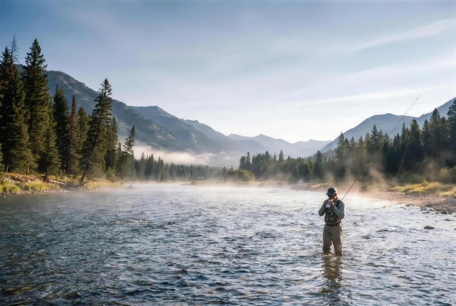 A fly-angler in waders eating a Rut'n Buck breakfast burrito while fishing a Montana river at first light