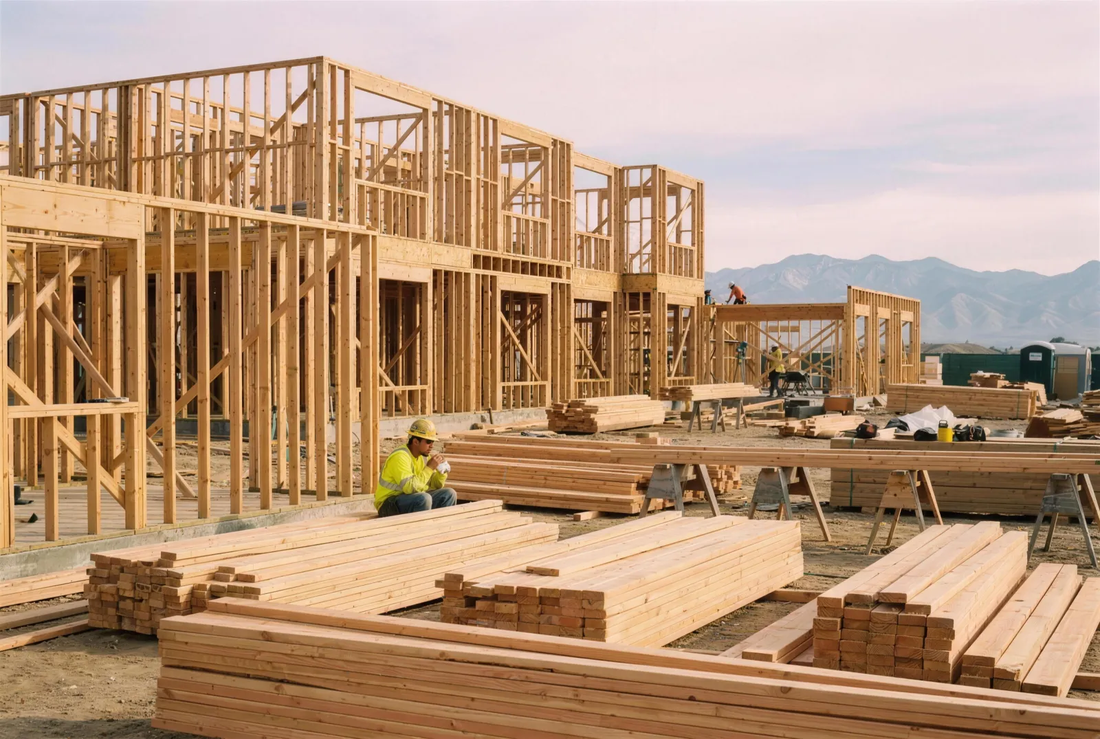 A construction worker eating a Rut'n Buck breakfast burrito on a framed jobsite