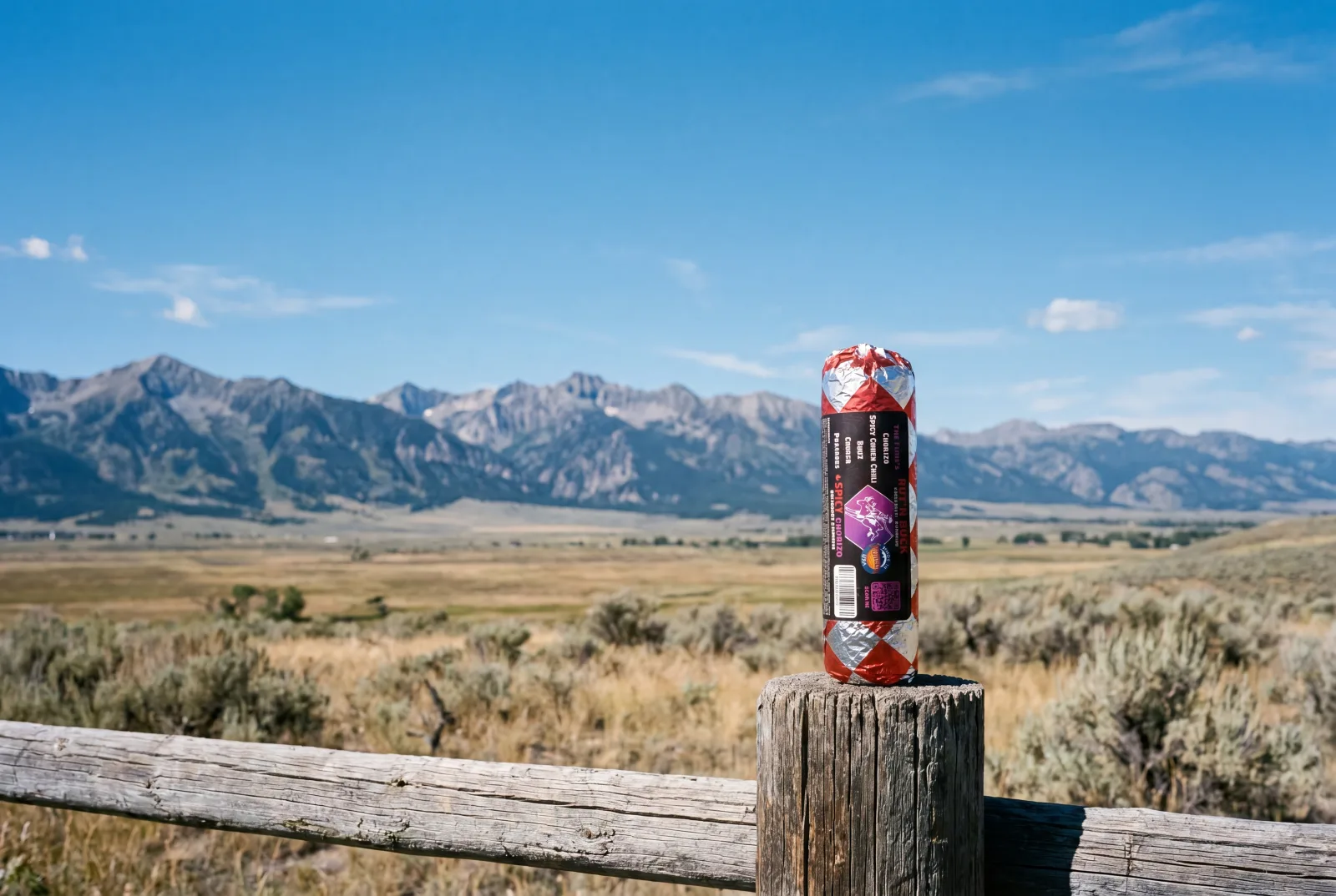 A Rut'n Buck burrito on a weathered fence post with a Montana mountain backdrop