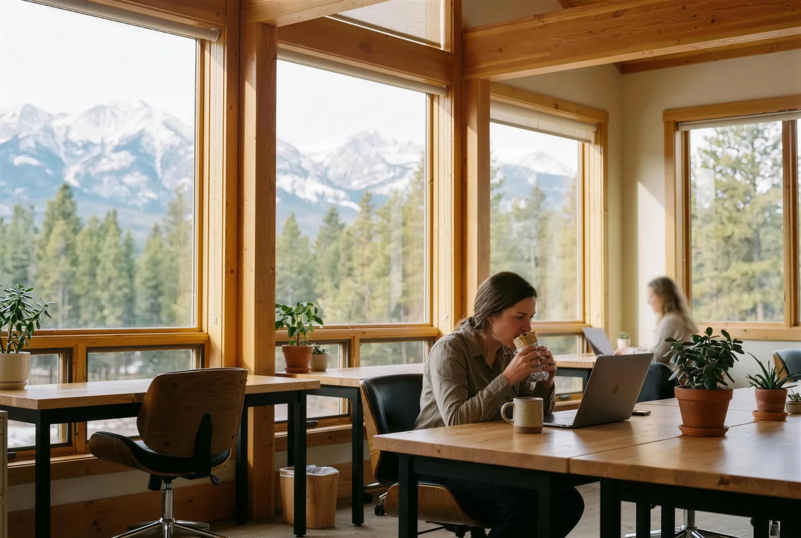 A professional eating a Rut'n Buck breakfast burrito in a Bozeman office with mountain views