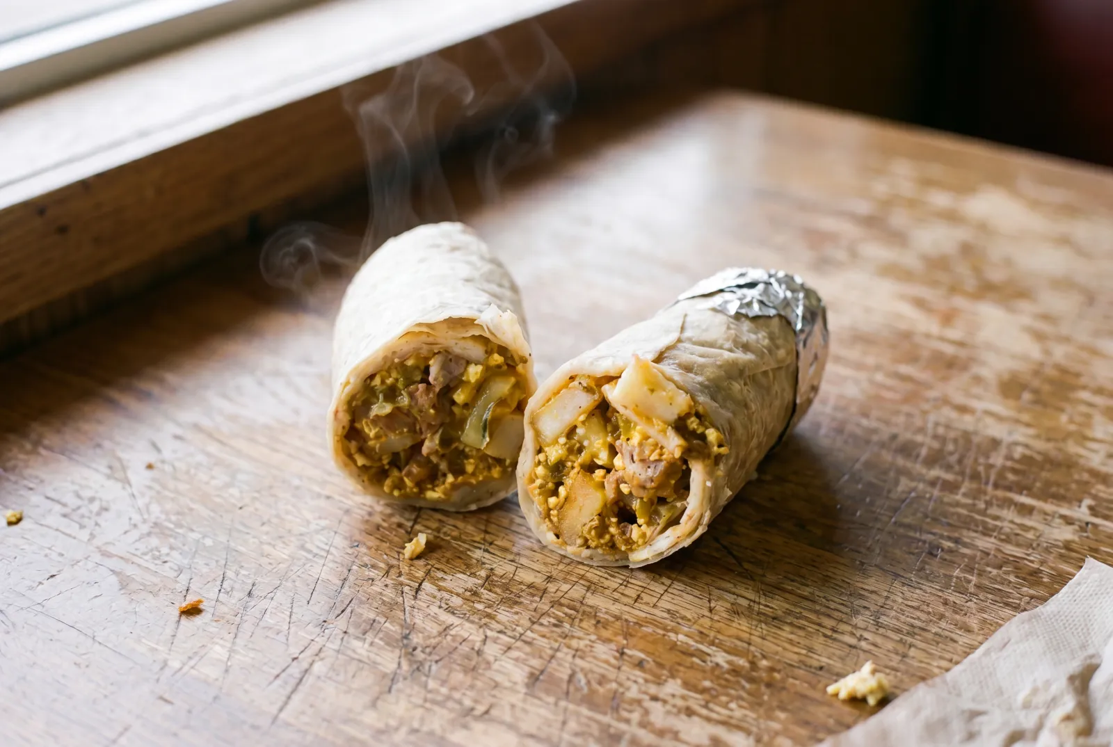 A Rut'n Buck breakfast burrito cut open — melty cheese, crispy potatoes, and housemade green chili inside