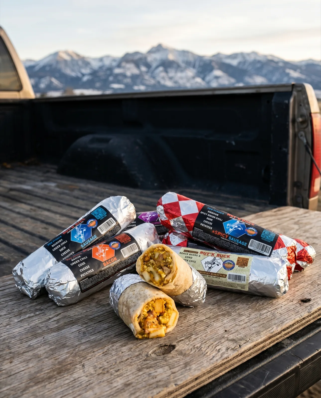 A pile of foil-wrapped Rut'n Buck breakfast burritos with one cut open to show the filling, on a truck tailgate with the snowy Bozeman mountains behind
