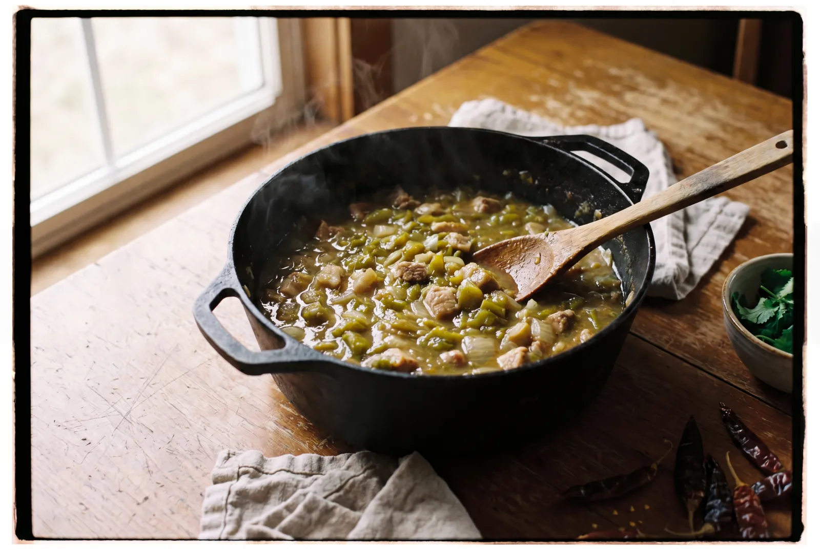 Rut'n Buck's housemade green chili, glossy and flecked, fresh in the pot