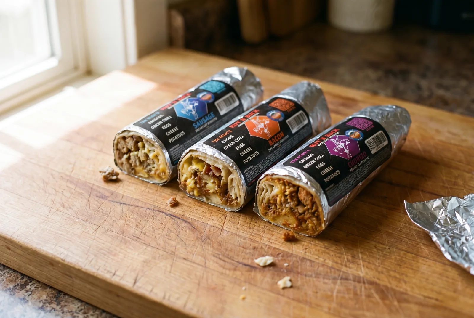 Three Rut'n Buck breakfast burritos — bacon, sausage, and chorizo — lined up on a wood board