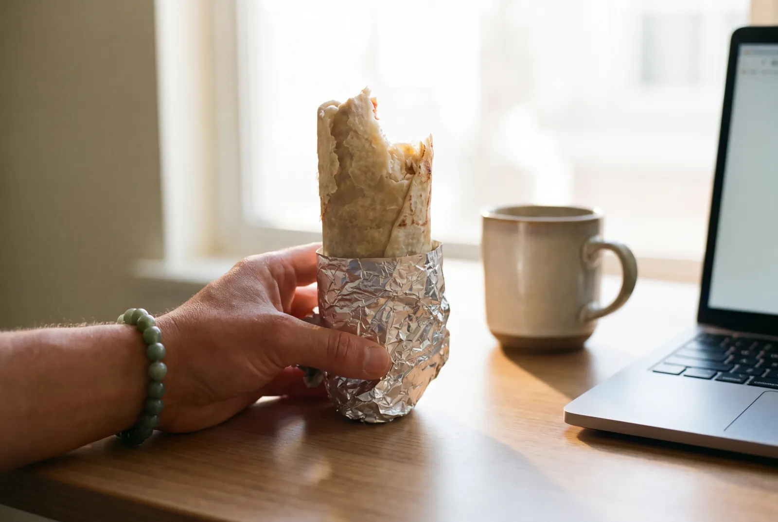 A hand holding a Rut'n Buck breakfast burrito at an office desk with a coffee mug and laptop