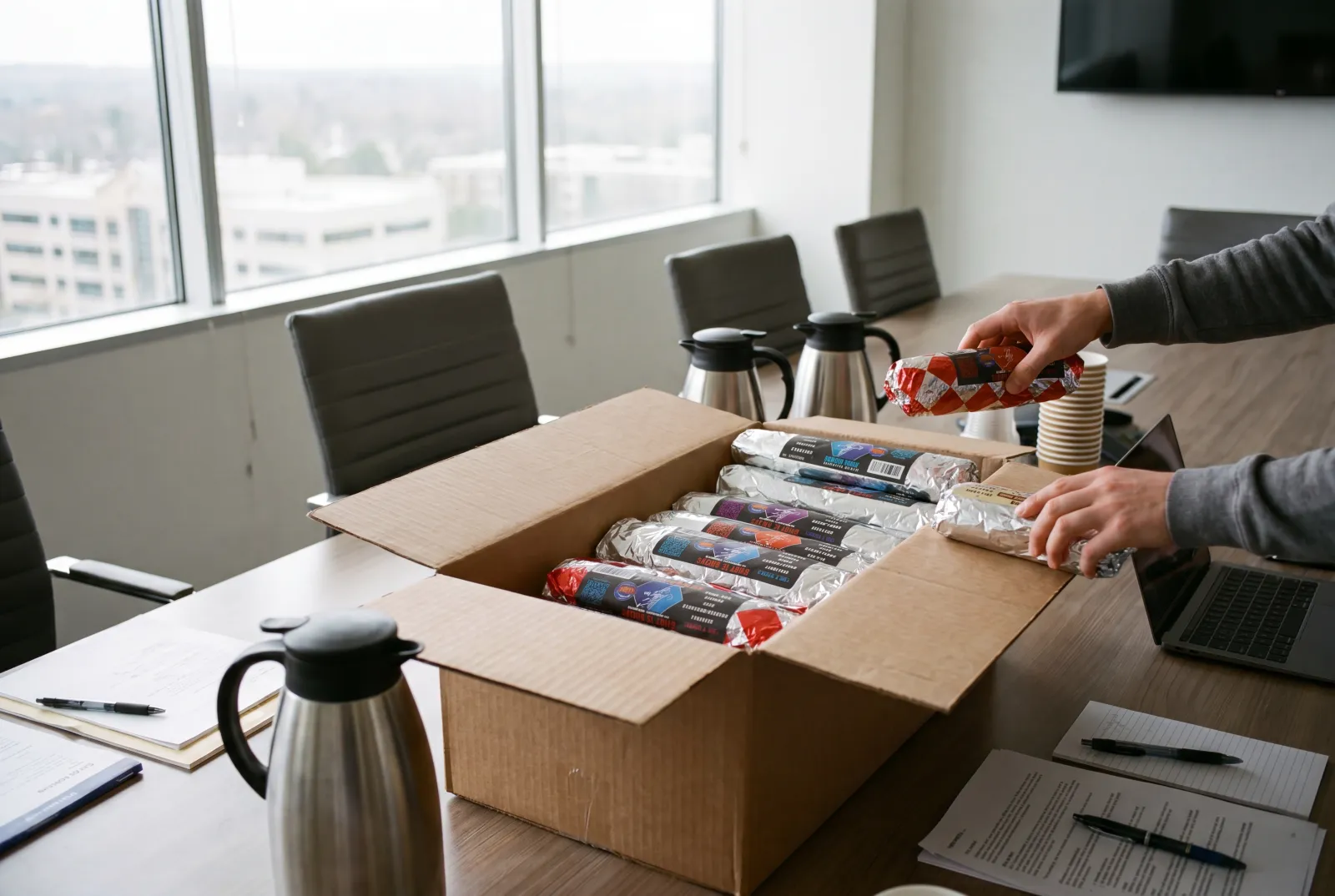 Hands grabbing a Rut'n Buck breakfast burrito from the box in a boardroom