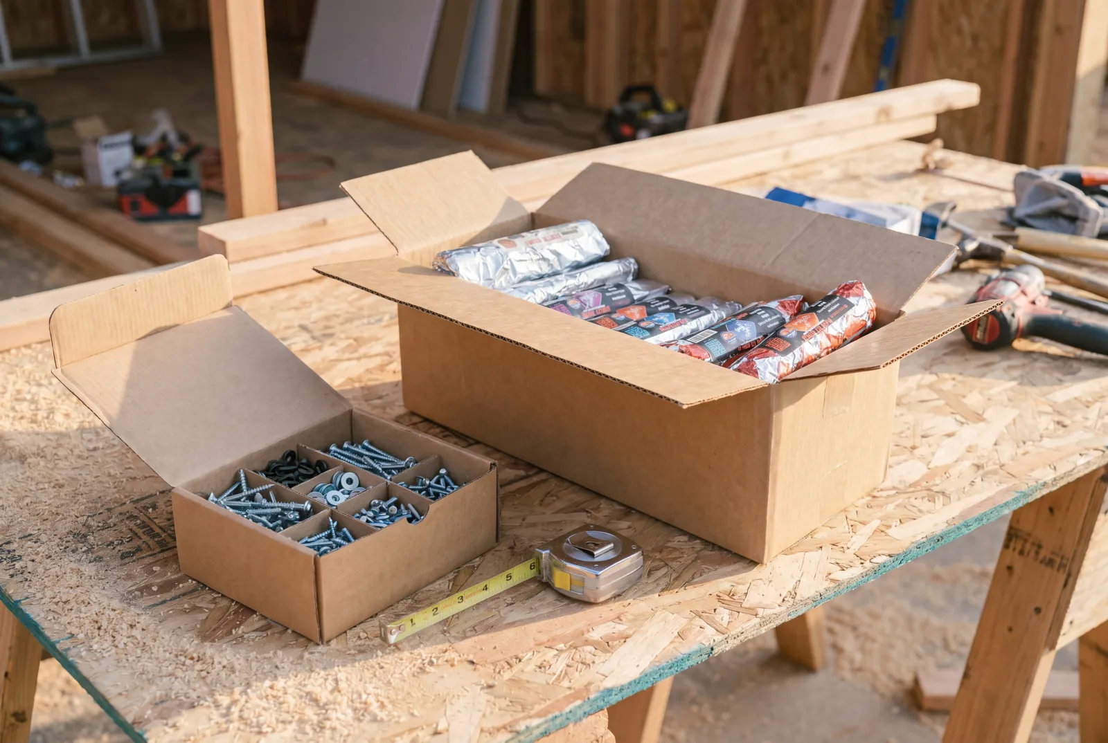 A box of Rut'n Buck breakfast burritos on a framed jobsite