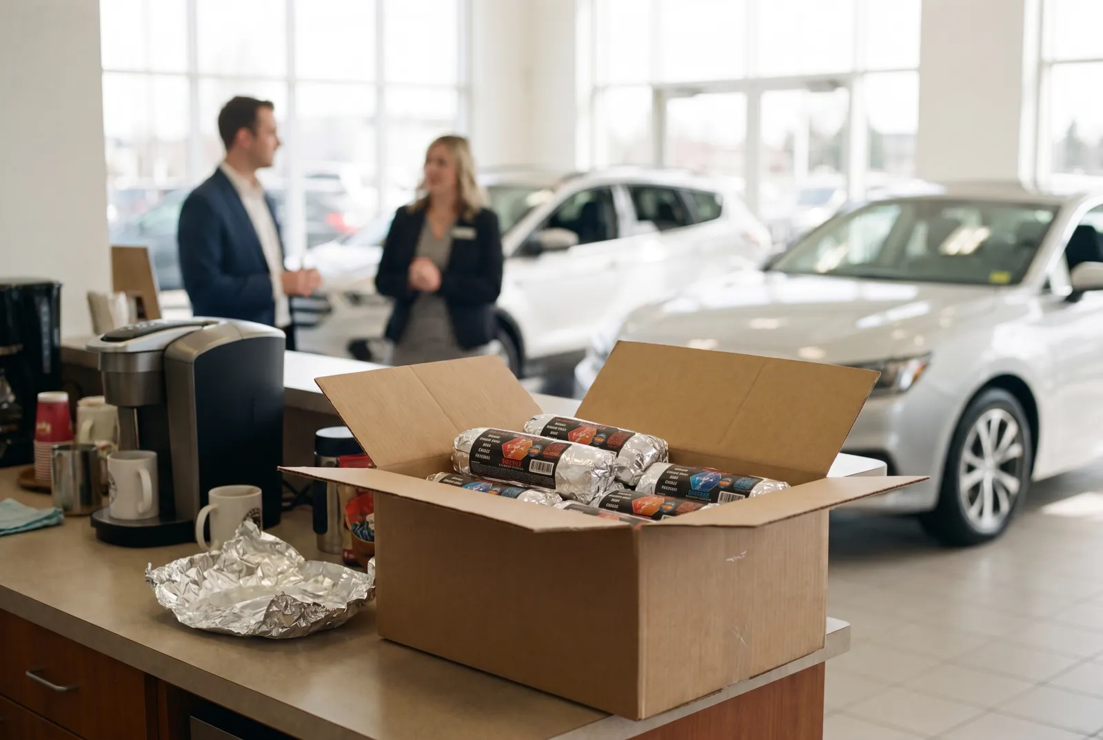 A box of Rut'n Buck breakfast burritos on a car-dealership counter