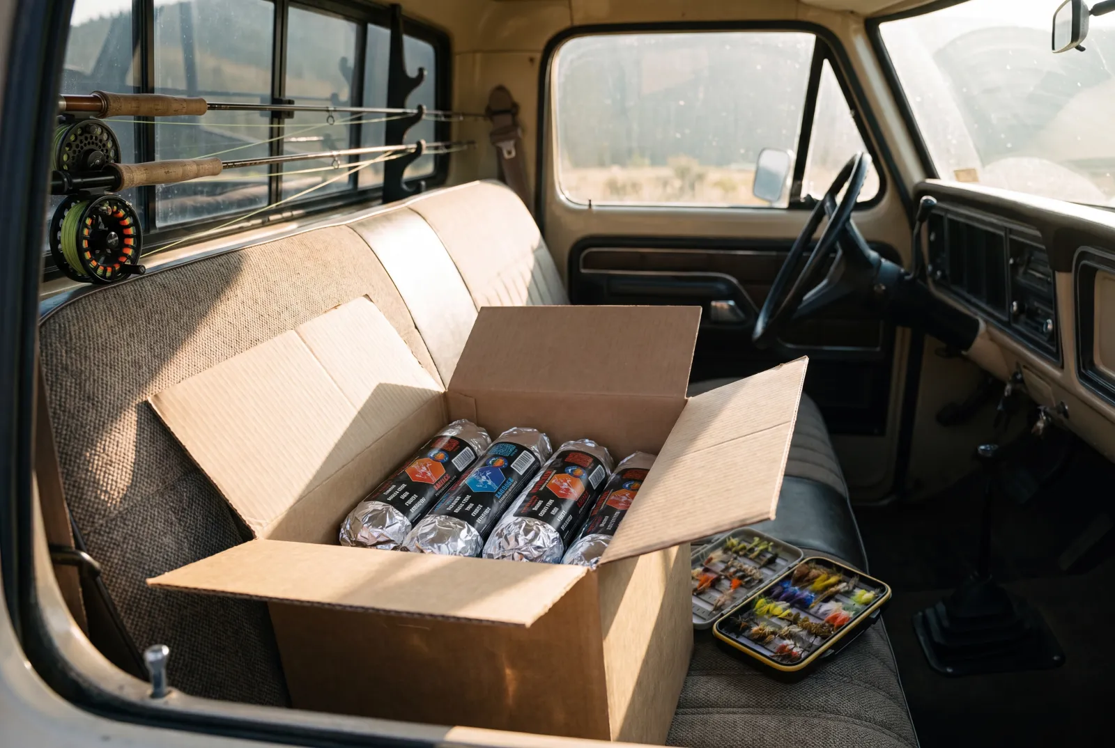 A box of Rut'n Buck breakfast burritos on a fly-fishing guide's truck seat