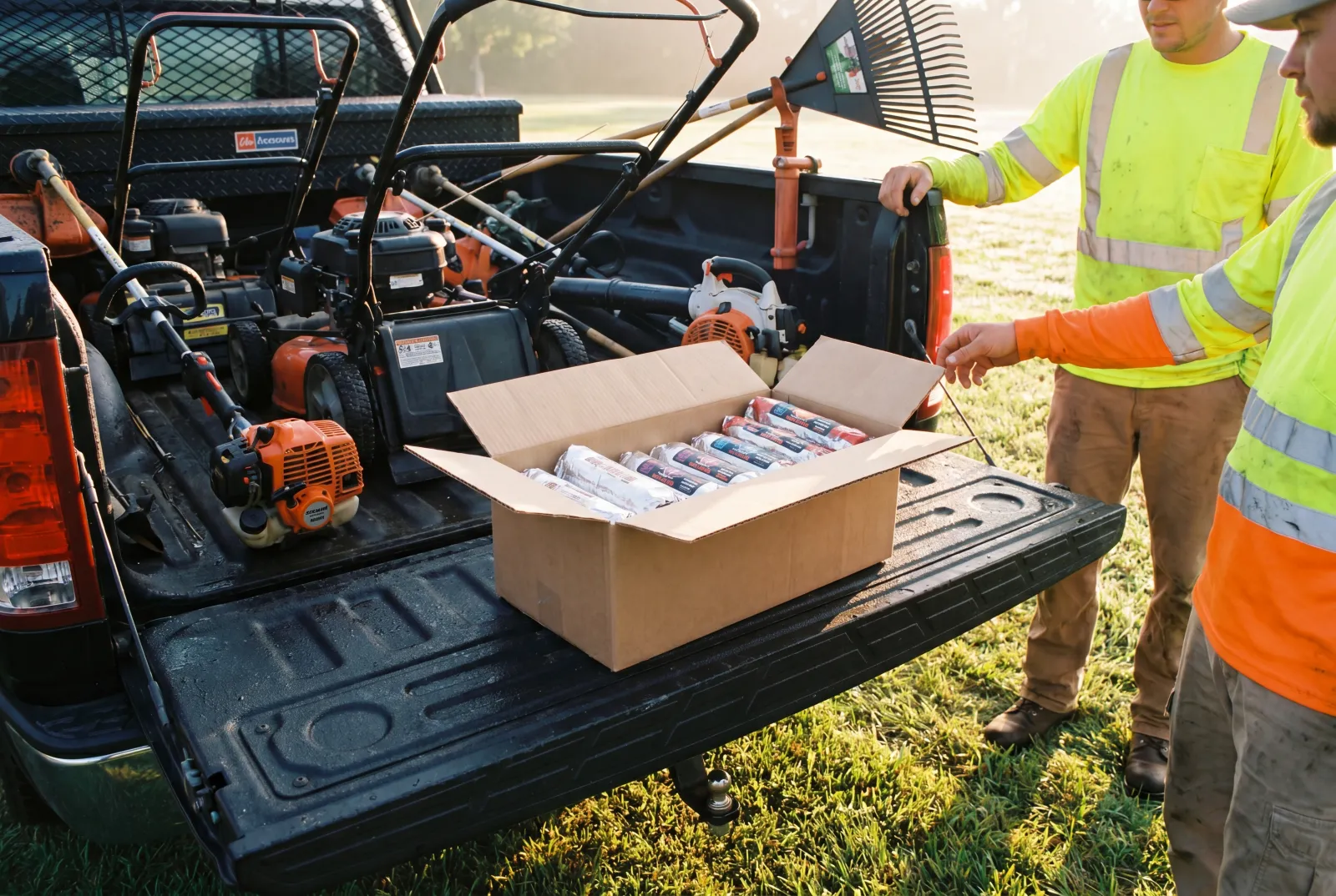 Two workers opening a box of Rut'n Buck breakfast burritos on a truck tailgate