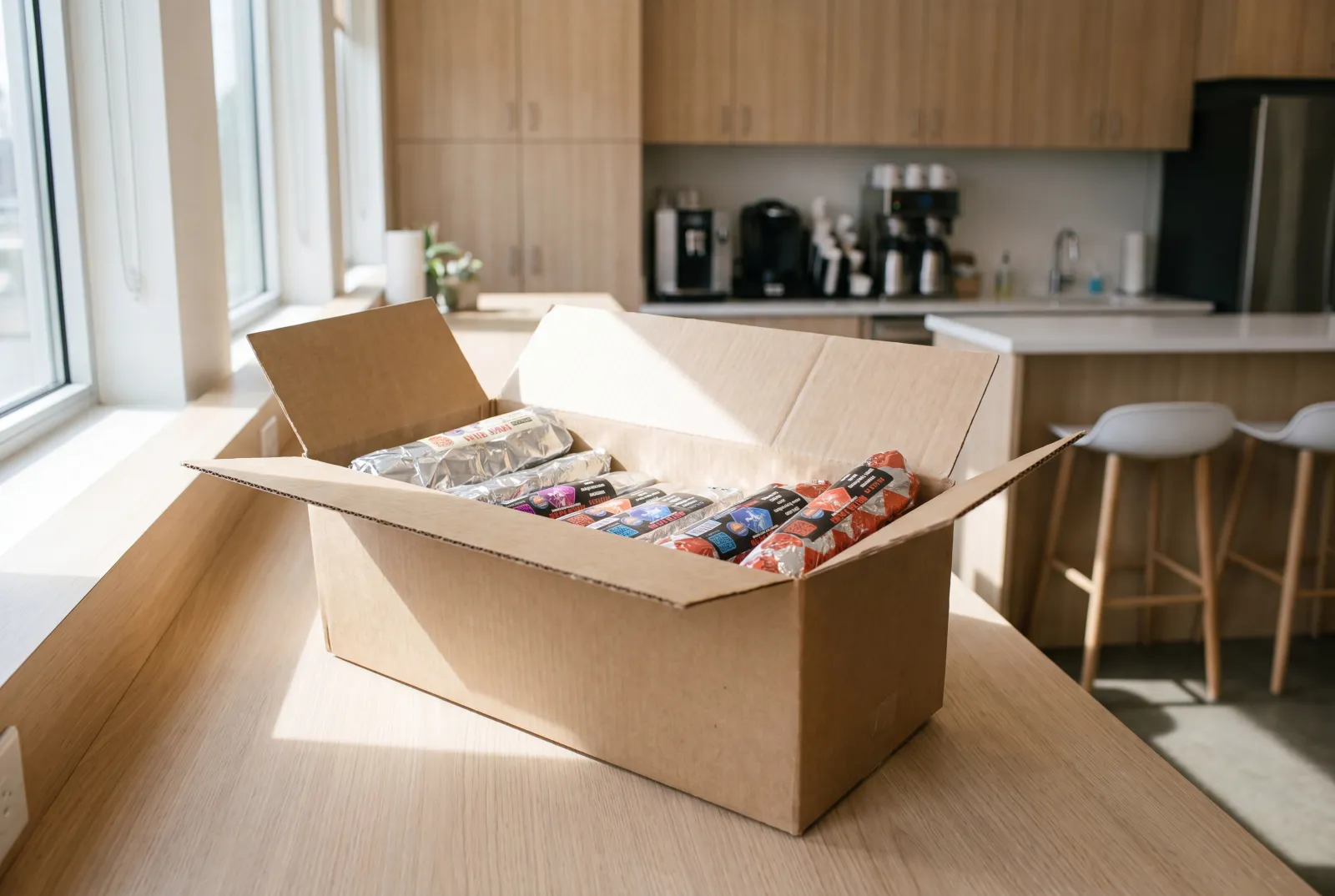 An open box of Rut'n Buck breakfast burritos on an office kitchen island