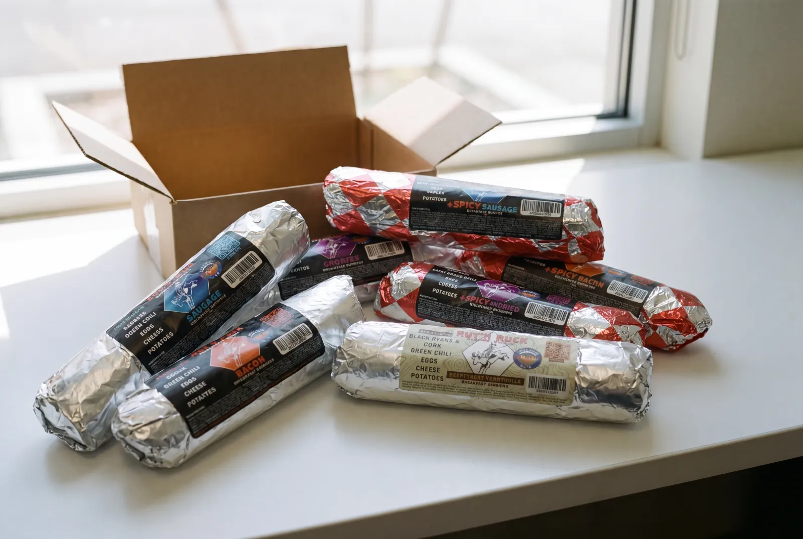 An open delivery box of all seven Rut'n Buck breakfast burritos in branded foil, dropped on a counter