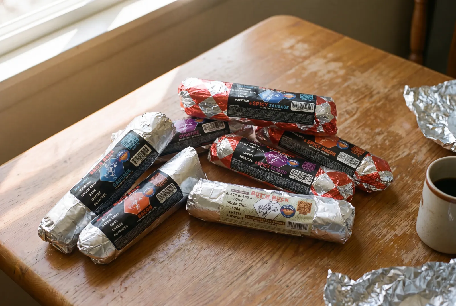 All seven Rut'n Buck breakfast burritos in branded foil laid out on a wood table — every crew picks a favorite