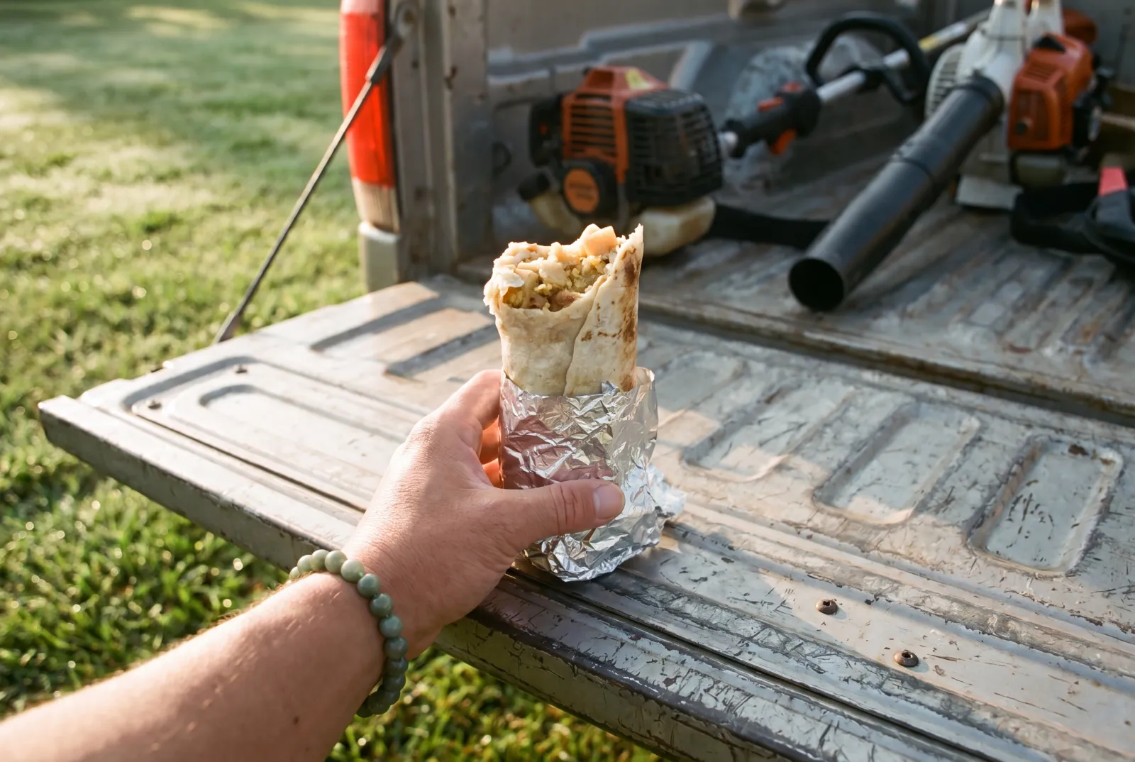 A Rut'n Buck breakfast burrito held on a truck tailgate with mowers in the bed
