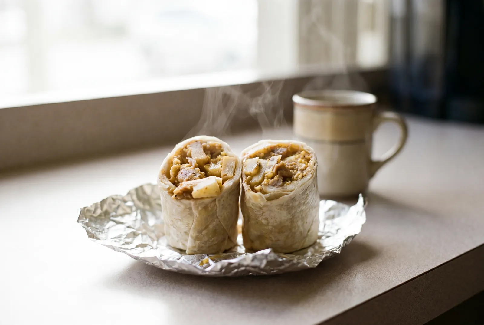 A Rut'n Buck breakfast burrito cross-section on a bright break-room counter