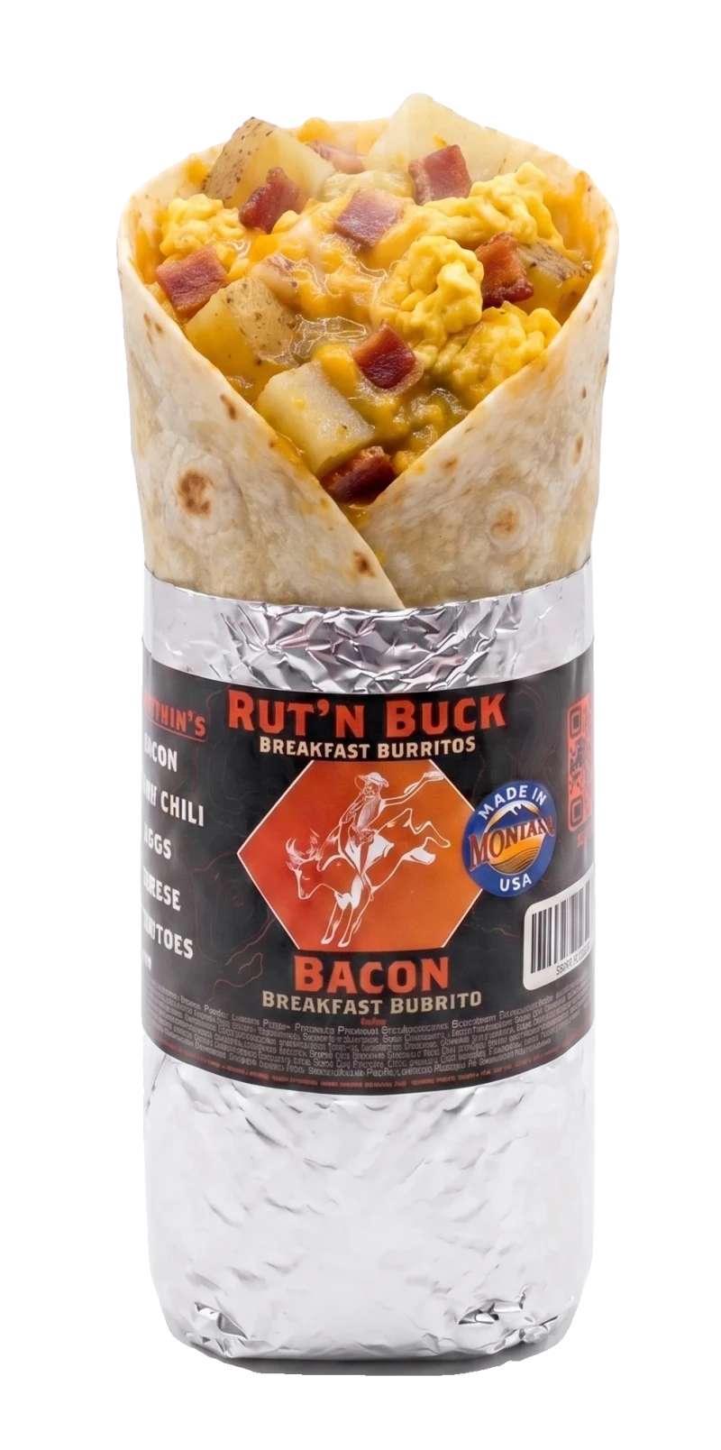 Mild Bacon breakfast burrito, foil peeled open to show eggs, potatoes, cheese and green chili