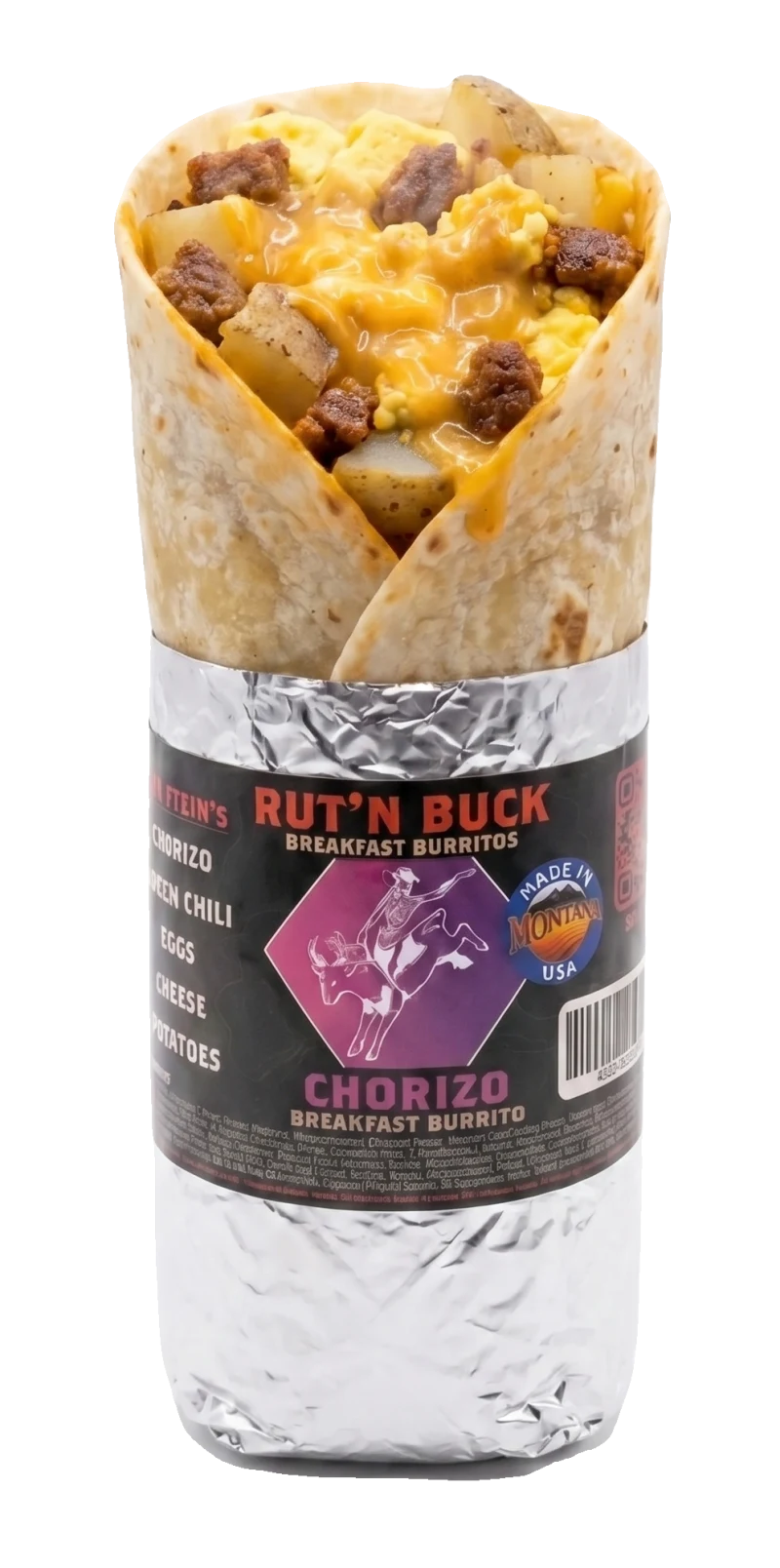 Mild Chorizo breakfast burrito, foil peeled open to show eggs, potatoes, cheese and green chili