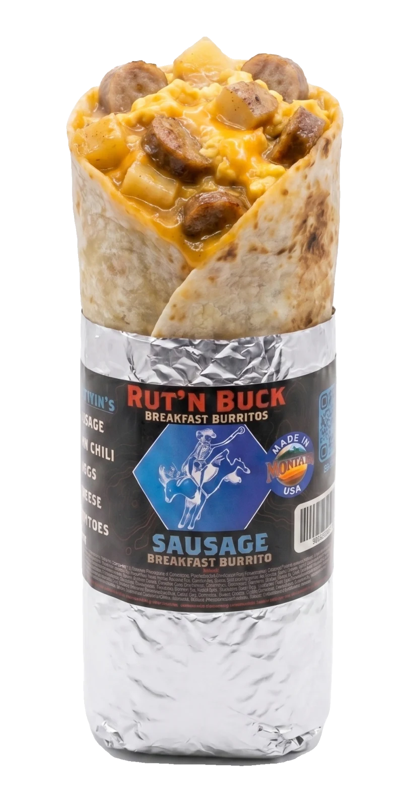 Mild Sausage breakfast burrito, foil peeled open to show eggs, potatoes, cheese and green chili