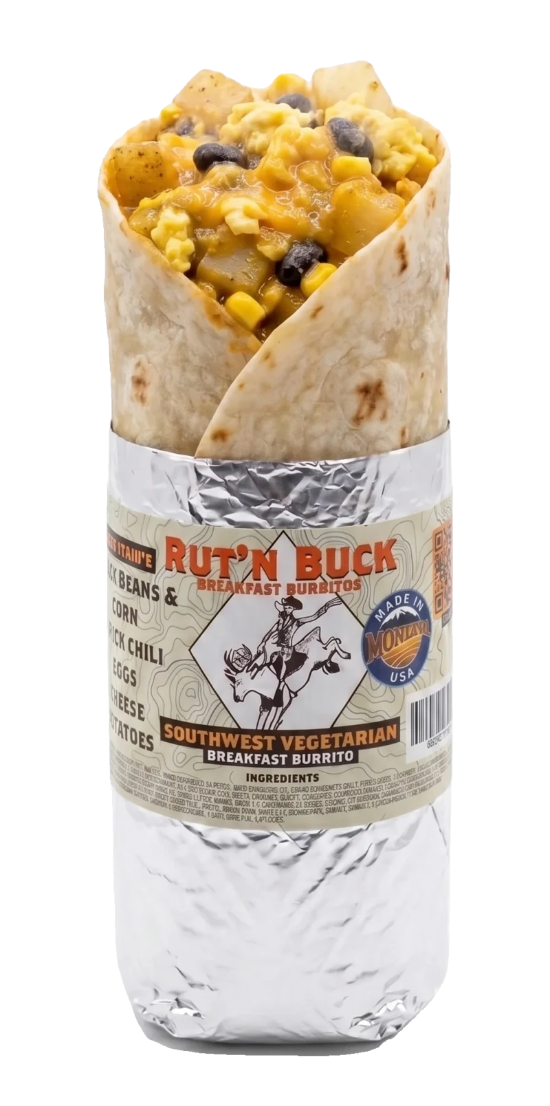 Southwest Vegetarian breakfast burrito, foil peeled open to show eggs, potatoes, cheese, corn and black beans