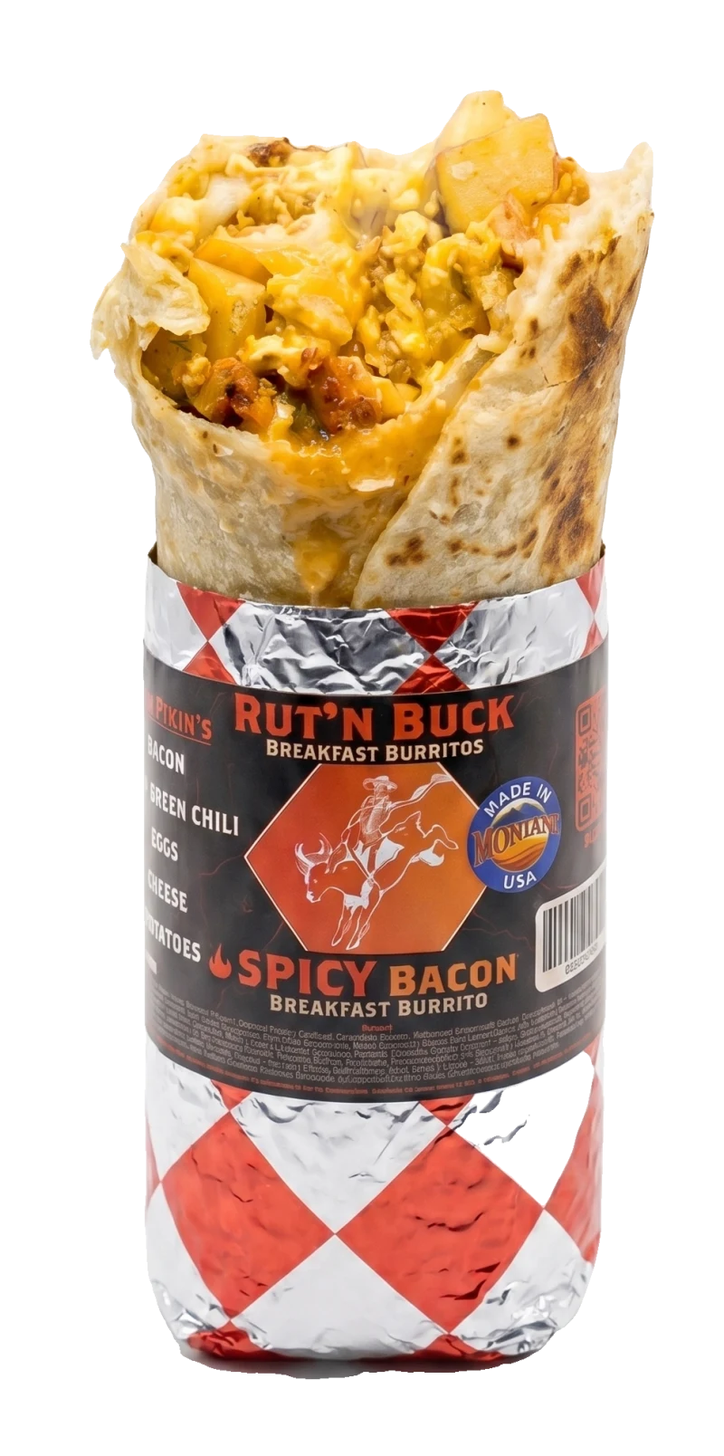 Spicy Bacon breakfast burrito in red-and-silver checkered foil, peeled open to show the filling