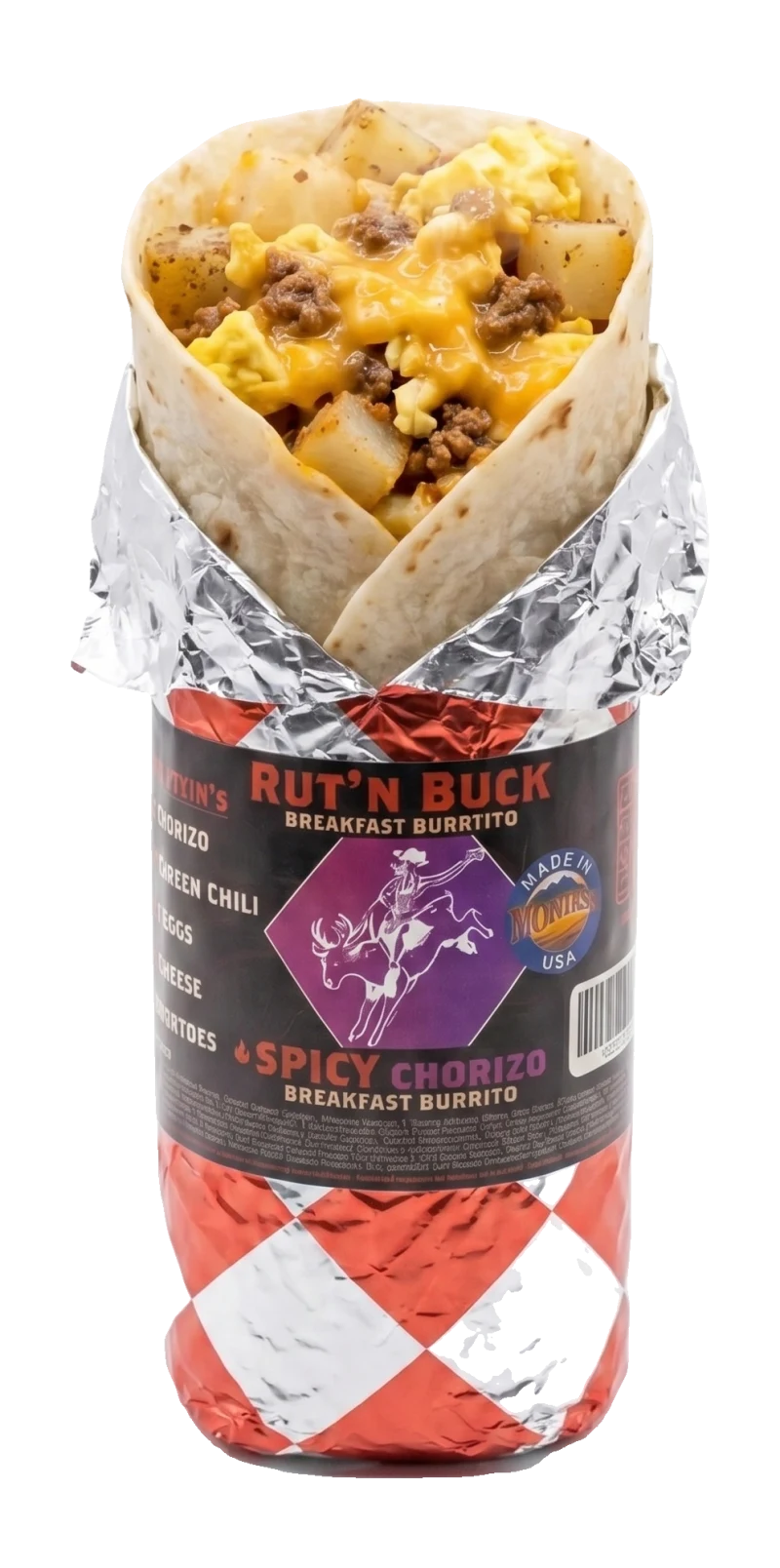 Spicy Chorizo breakfast burrito in red-and-silver checkered foil, peeled open to show the filling