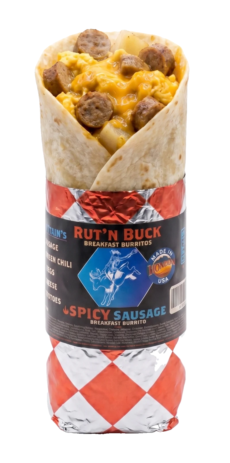 Spicy Sausage breakfast burrito in red-and-silver checkered foil, peeled open to show the filling