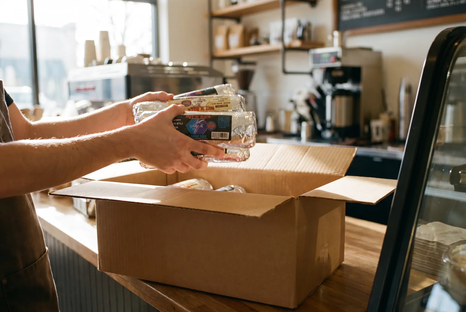 A barista restocking the Rut'n Buck case with fresh burritos