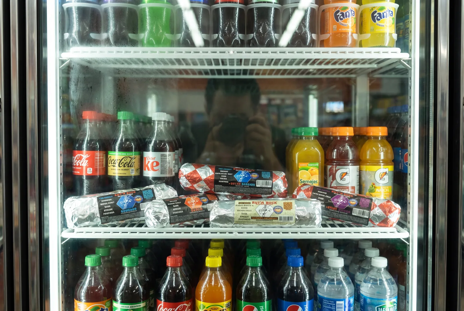 Rut'n Buck grab-and-go burritos behind a refrigerated cooler door at a gas station
