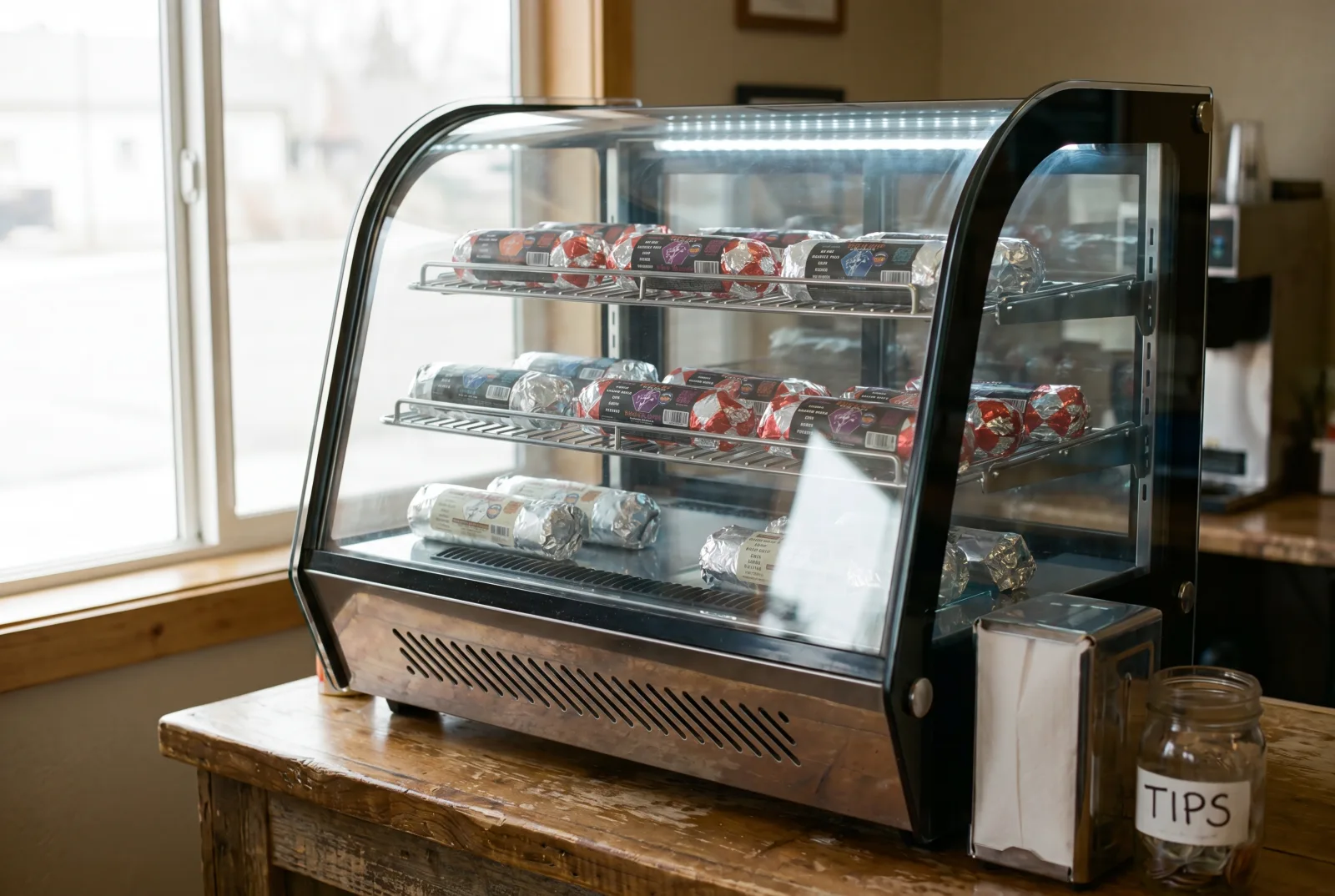 Rut'n Buck burritos stocked in a branded grab-and-go case at a Bozeman coffee shop cooler