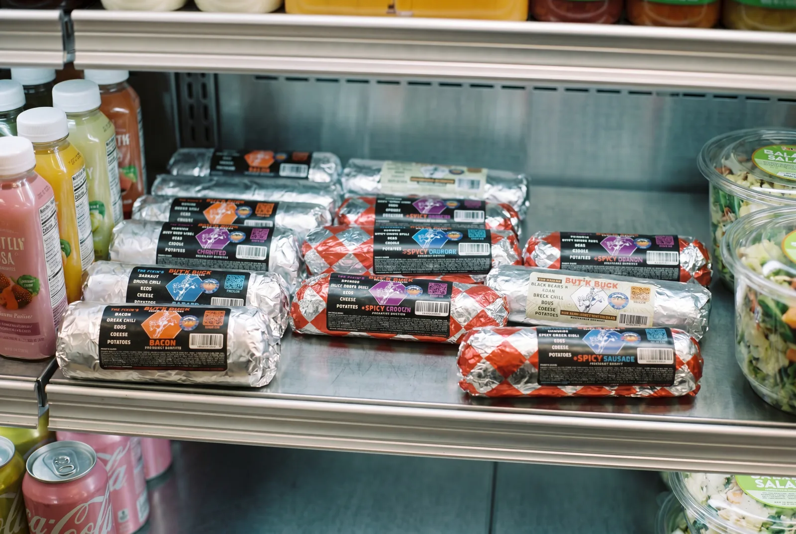 Rut'n Buck burritos on a grocery grab-and-go shelf