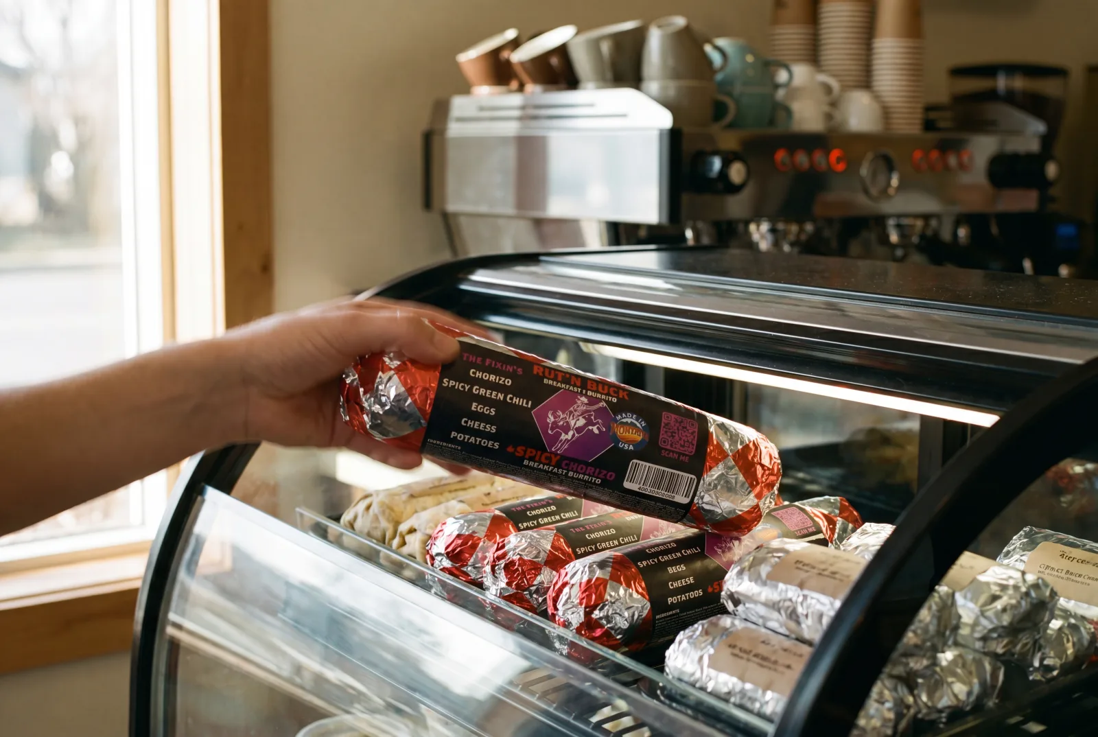 A customer grabbing a wrapped Rut'n Buck burrito off the case — the impulse buy at the register