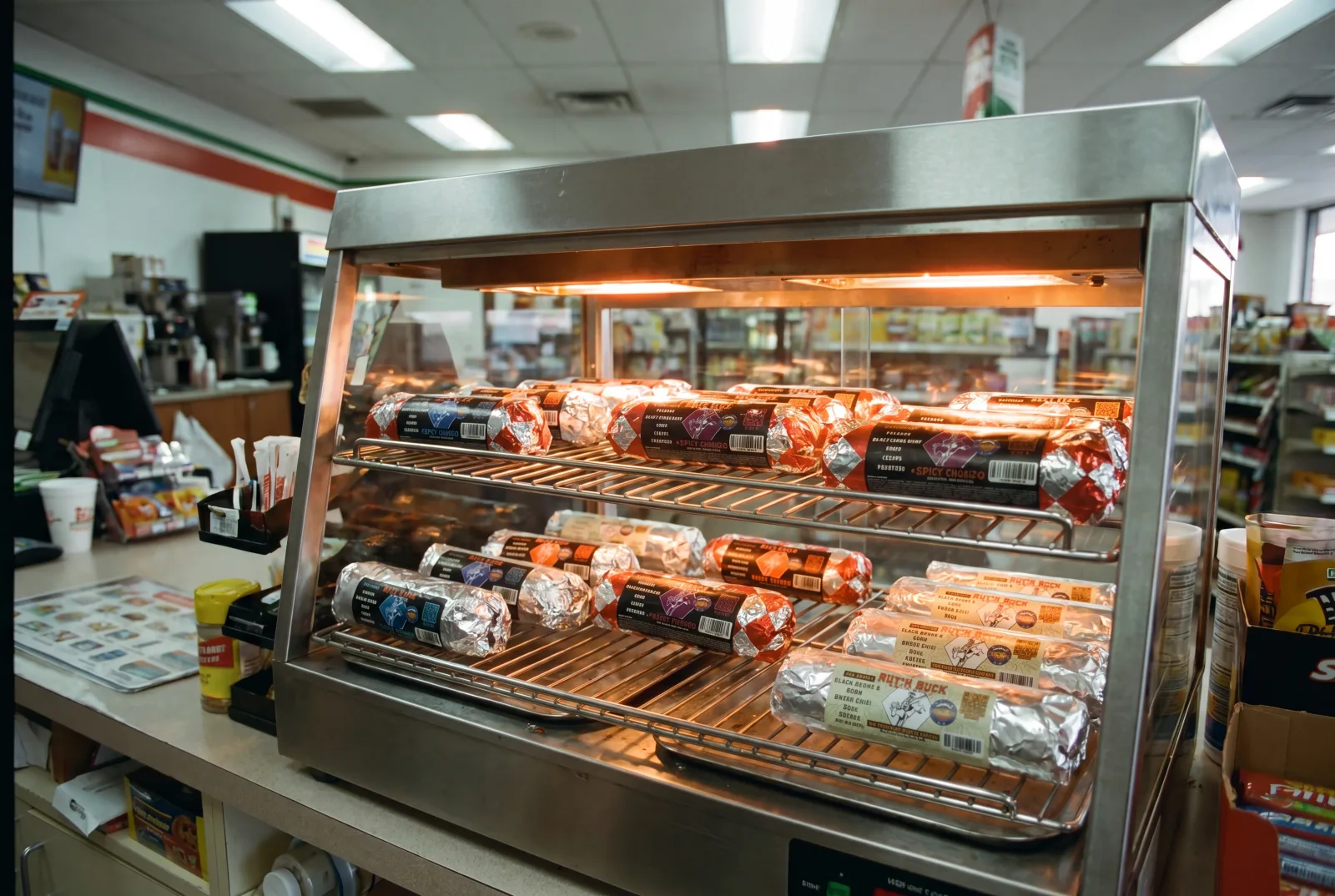 Rut'n Buck burritos in a heated hot case at a Montana gas station
